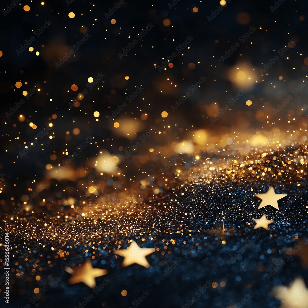 Poster abstract luxury 3d golden stars with glowing glitter effect on a dark background, creating an elegan