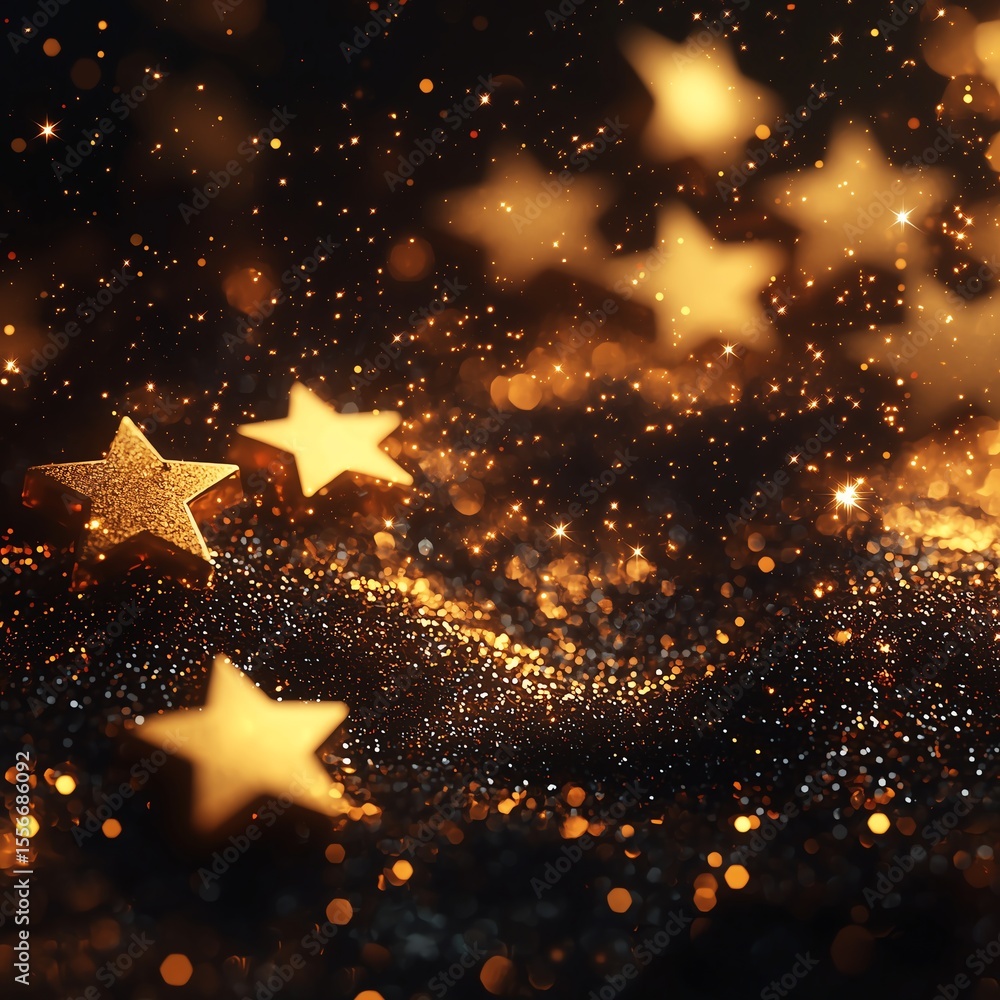Poster abstract luxury 3d golden stars with glowing glitter effect on a dark background, creating an elegan