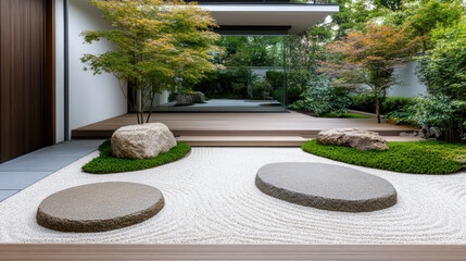 Obraz premium Zen garden scene with raked stones, soft moss, and tranquil surroundings