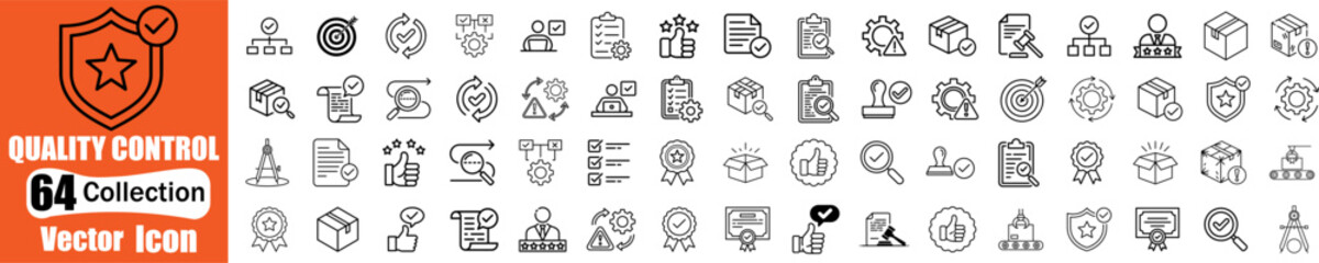 Quality control web icons set vector Illustration. Thin line icons for quality control, inspection, management, analysis, certification, standards, and compliance.