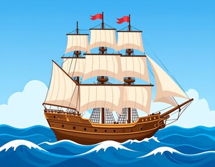 Sailing ship on ocean waves