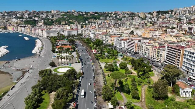 Chiaia Riviera In Naples Campania Italy. Bustling Downtown Cityscape With Modern Buildings. Business Clouds Sky Downtown Cityscape. Business Panning Wide. Naples Campania.