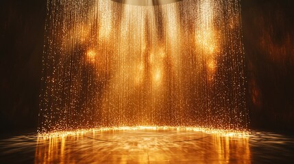 Twinkling Gold Glitter Falling on Elegant Stage with Warm Spotlight, Minimalist Luxury Theme