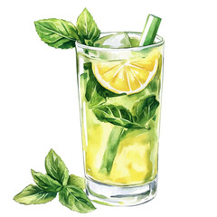 Refreshing Lemonade Mint, watercolor drawing vector, isolated on a white background.