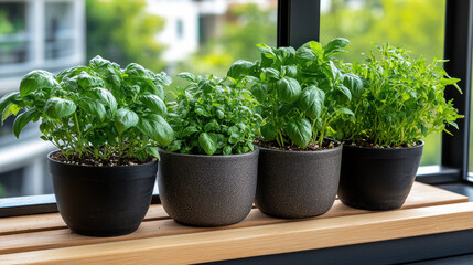 Fototapeta premium Fresh herbs in pots on wooden shelf, showcasing vibrant green basil, parsley, and thyme