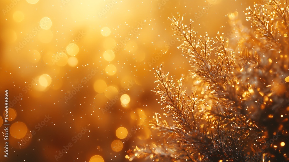 Poster golden bokeh light effects in a soft glowing background for holiday celebrations, abstract design wi