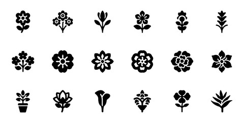 Flower and botanical icon set. Vector glyph pictograms of anemone, lily, magnolia, dahlia, violet, nature, garden, floral decoration black silhouette illustration.