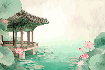 Obraz premium Korean traditional pavilion with lotus pond in summer — oriental painting style illustration