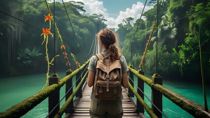 Girl backpacker crossing a wooden bridge over lush jungle river canopy
