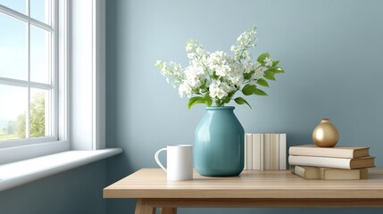 Compact workspace for creatives, A serene interior scene featuring a wooden table with a blue vase of white flowers, a white mug, stacked books, and a window letting in natural light.