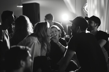 Group of friends having a party in a nightclub, black and white