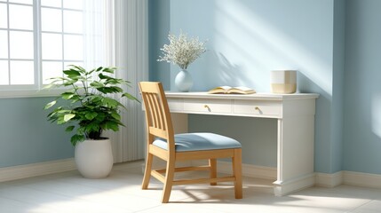Fototapeta premium Compact workspace for creatives, A bright room features a white desk with a chair, a potted plant, and a vase with flowers near a large window letting in natural light.