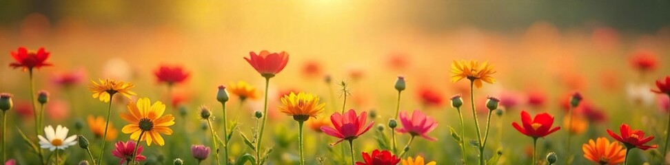Golden Sunlight Bathes Vibrant Wildflower Meadow in Full Bloom - Perfect SpringSummer Background for Websites, Presentations & Marketing