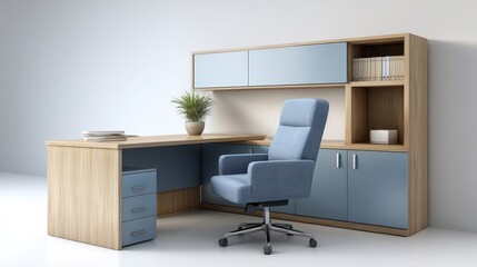 Compact workspace for creatives, Modern office setup with a light wood and blue L-shaped desk, matching storage cabinets, a comfortable swivel chair, and a potted plant for a clean.