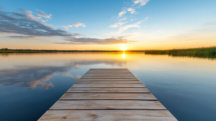 Obraz premium Sunset over calm water with wooden dock extending into lake, reflecting clouds and colors