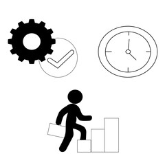 Goal oriented business icon set, target for objectives, gears for process, clocks for time management. Ideal for strategic planning, operational excellence, and achievement. Modern vector collection.