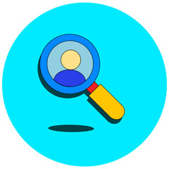 Insightful icon: magnifying glass over person. Perfect for recruitment, talent search, HR, and employment services. Conveys careful candidate selection and finding the right fit. Clean vector design.