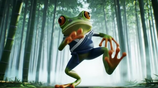 3D Render of a Frog Dance in a Martial Arts Gi in a Bamboo Forest