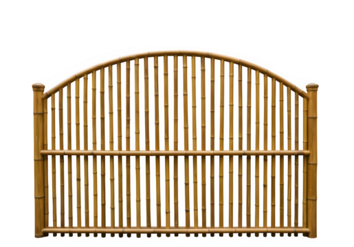 Elegant bamboo fence with an arched top and vertical slats, perfect for tropical or serene decor. Isolated on white or transparent background. PNG format.