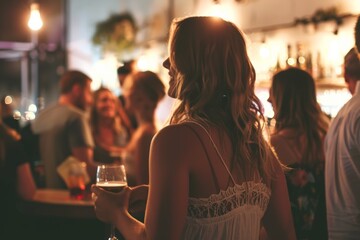 Young woman with glass of wine on the background of a night club
