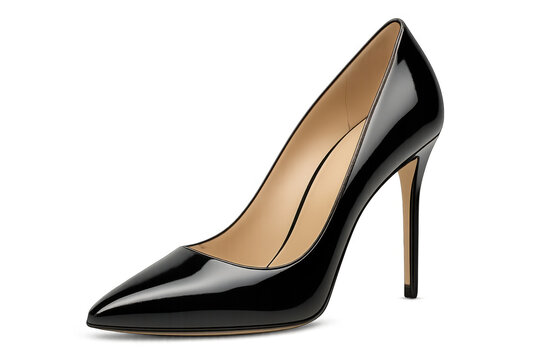 Classic black patent leather high heels pump shoes isolated on transparent background, perfect for fashion and retail projects