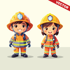 Cute Cartoon Boy and Girl Firefighter Character Vector with Orange Yellow Uniform Helmet for Kids Learning Fire Safety Illustration for Educational Poster Book