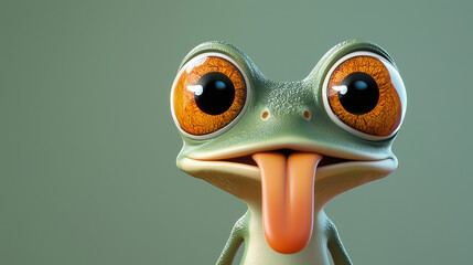 A cartoon frog with a tongue sticking out is sitting on a green background. The frog's tongue is long and pink, and it is sticking out of its mouth. The image has a playful and lighthearted mood