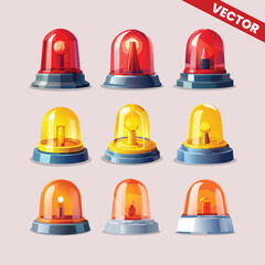 Vector collection of realistic red yellow orange emergency sirens with rotating lights isolated on pastel background for alarm police ambulance fire truck hazard safety alert warning design projects