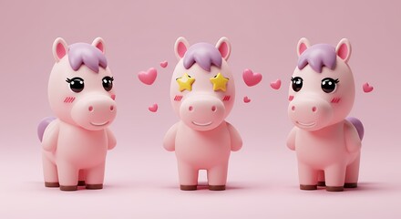 Three cute pink cartoon horses
