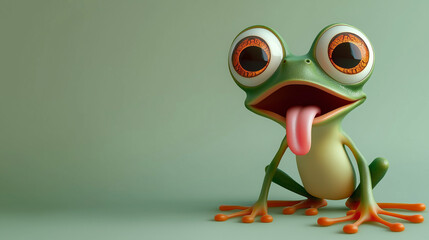 A cartoon frog with a tongue sticking out is sitting on a green background. The frog's tongue is long and pink, and it is sticking out of its mouth. The image has a playful and lighthearted mood