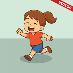 Cartoon Girl Running Happily with Open Hands and Laughing Expression Vector Illustration