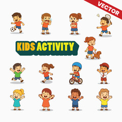 Set of Kids Activity Icons in Cute Cartoon Style with Various Fun Movements Vector Illustration
