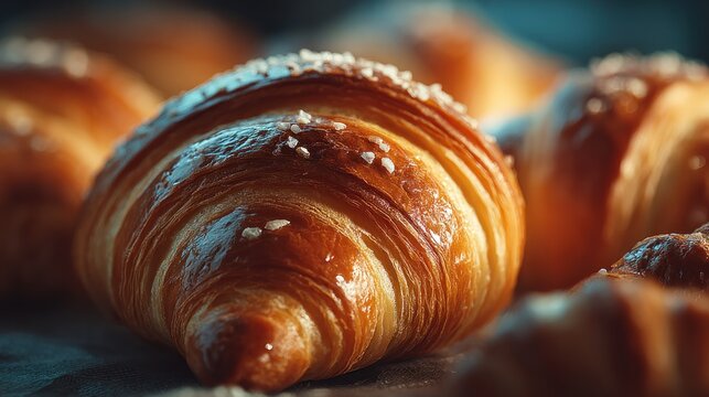 Close-up view of a golden-brown croissant, delectable pastries, bakery delights