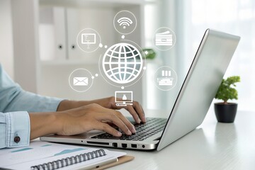 DNS domain name system and web server network system concept. Domain registration, website name, url address web page and hosting on website creation.