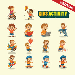 Set of Kids Activity Icons in Cute Cartoon Style with Various Fun Movements Vector Illustration