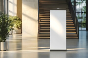 White Roll-Up Banner Mockup in Lobby Space for Promotional Display