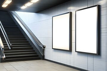 Blank Advertising Posters Displayed on Subway Wall beside Staircase Entrance