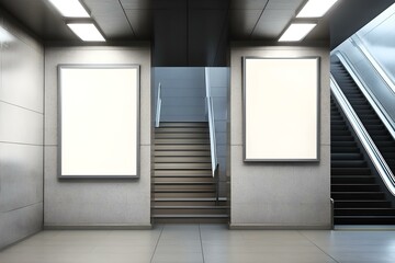Blank Advertising Posters Displayed on Subway Wall beside Staircase Entrance