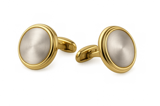 Brushed metal cufflinks presenting sleek design, highlighting masculine elegance against transparent background with refined modern aesthetic