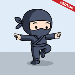 Adorable Ninja Balancing on One Leg – Fun Martial Art Pose Vector Illustration
