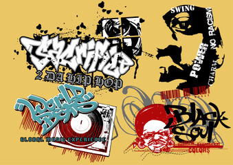 Urban Streetwear and T-Shirt Graphic Vector Collection , grunge, collage-style vector graphics inspired by streetwear, music culture (hip-hop, soul), and skateboarding. They are all ideal for T-shirt 
