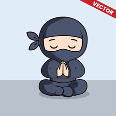 Cartoon Ninja Sitting and Meditating – Kawaii Character in Calm Pose Vector