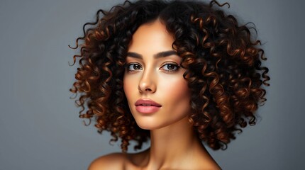 Fototapeta premium Curly brown hair woman isolated background.