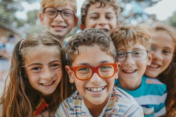 Portrait of a group of children with glasses looking at camera.