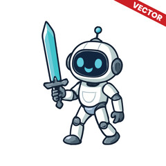 Happy Robot Holding Sword – Cute Futuristic Warrior Bot Vector Character