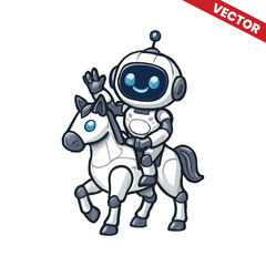 Adorable Robot Riding Mechanical Horse – Futuristic Fantasy Cartoon Vector Illustration