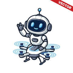 Cute Robot Sitting on Flying Drone – Cartoon Futuristic Air Transport Character Vector