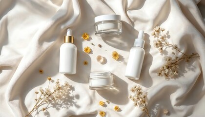 Skincare Product on Silk with Flowers