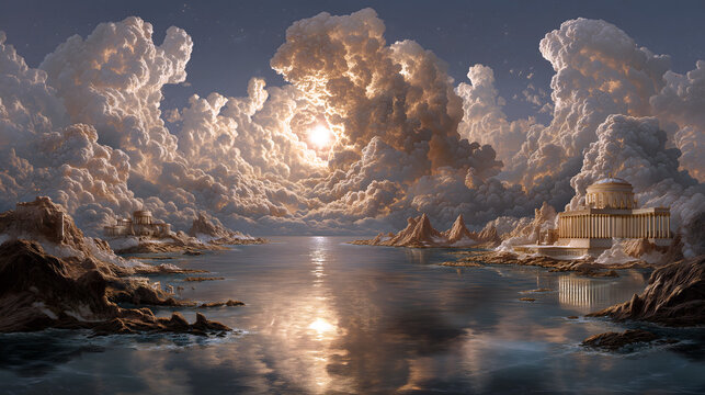 Hyperrealistic Greek Mythology Olympus Mountain PNG Material | Golden Clouds, Temple Complex, Thunder Beams, Wisdom Runes, Iris Bridge, Divine Majesty