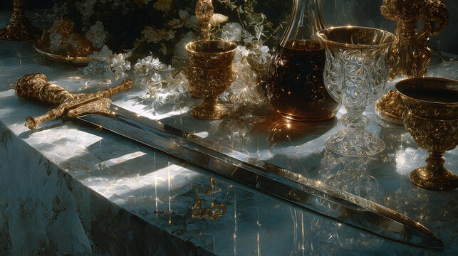 Hyperrealistic Greek Mythology Damocles' Sword PNG Material | Hanging Sword, Horsehair, Gold-Silver Cups, Power Warning, Monarch Light